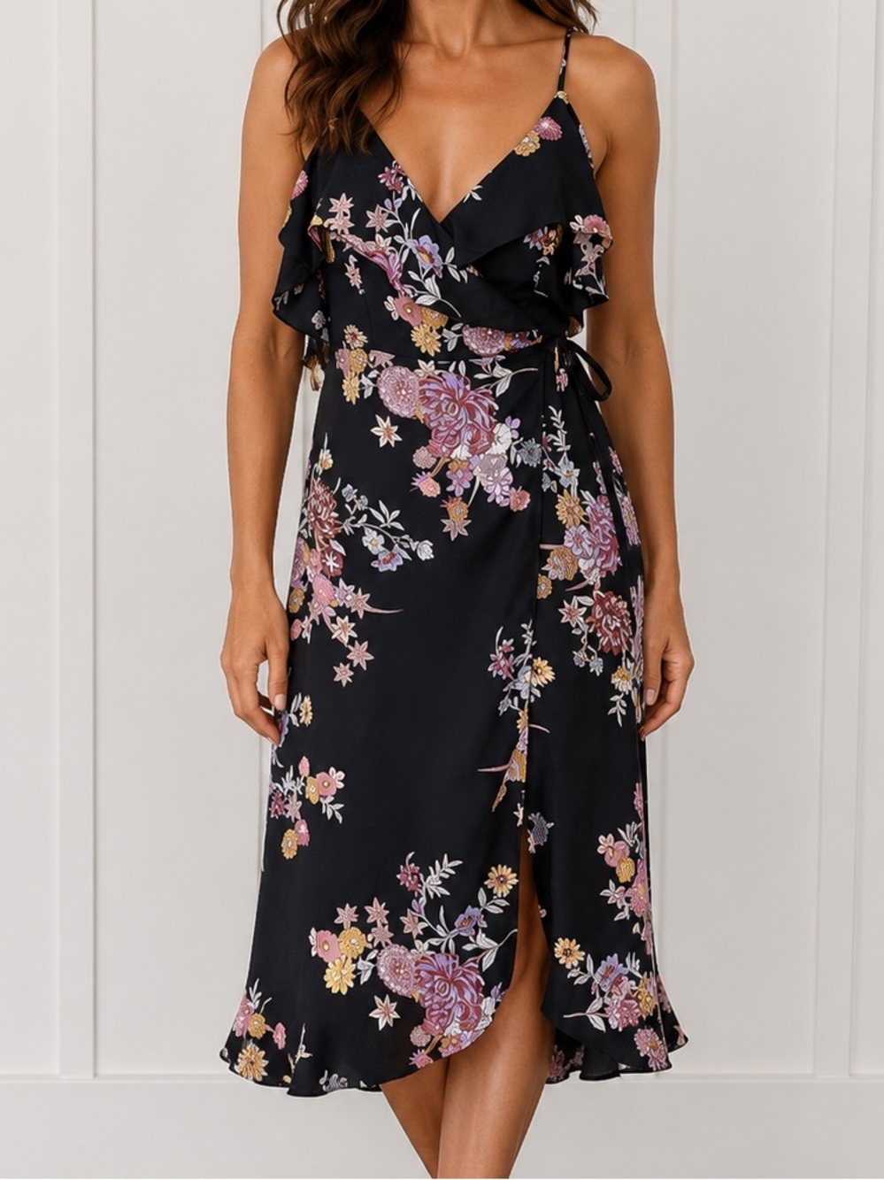 Forever 21 Floral Ruffle Slip Wrap Dress Black Midi Spaghetti Strap Size L